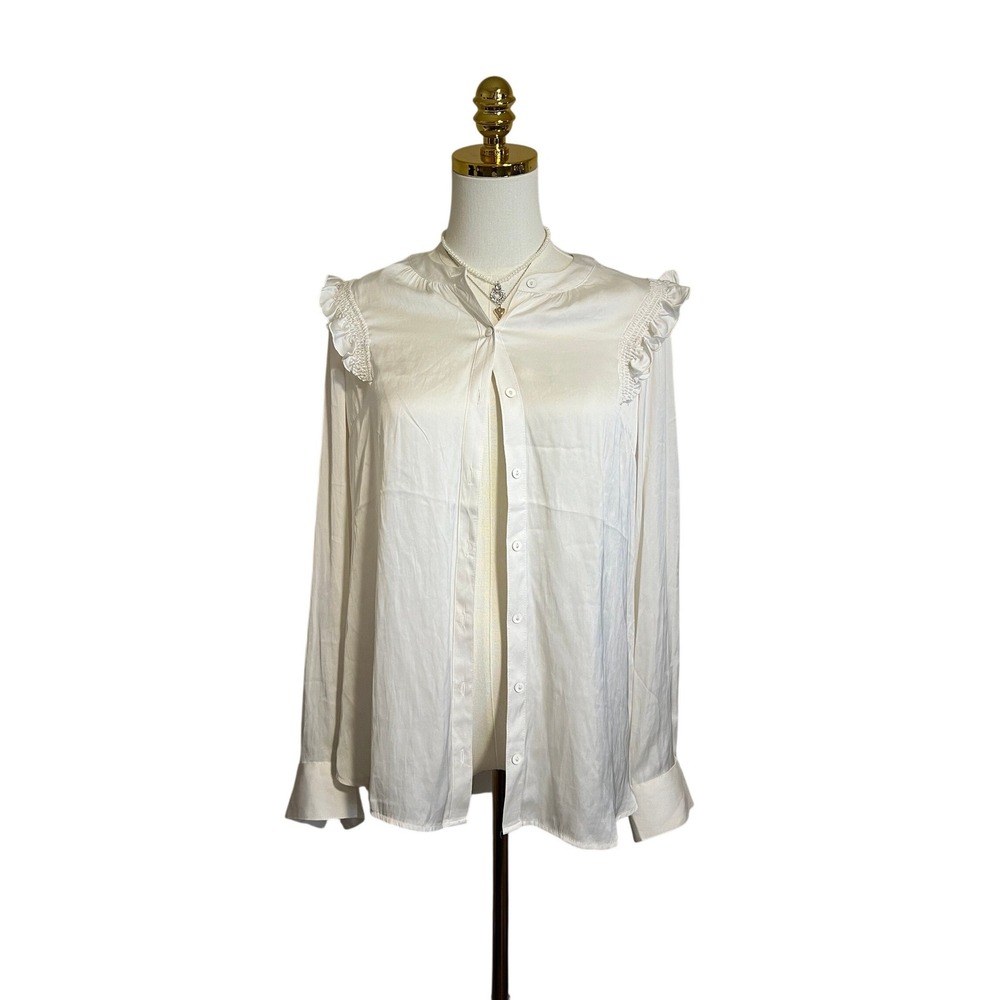 Express Portofino Slim White Ruffle Shoulder Button Up Blouse Womens Medium